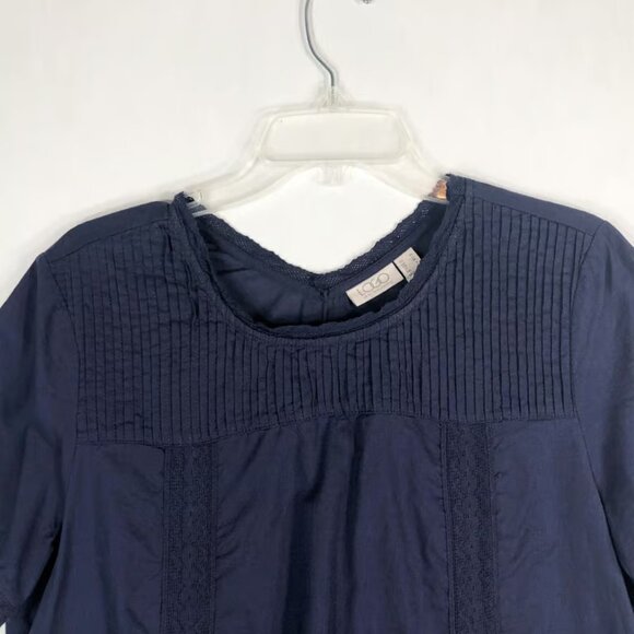 LOGO Lori Goldstein Medium Top Navy Blue Lace Trim Short Sleeve Pintuck - Picture 3 of 3